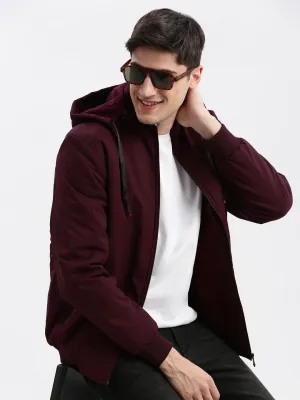 Noise Reduciting Fabric Men's Maroon Rapid-Dry Windcheater Hooded Bomber Jacket
