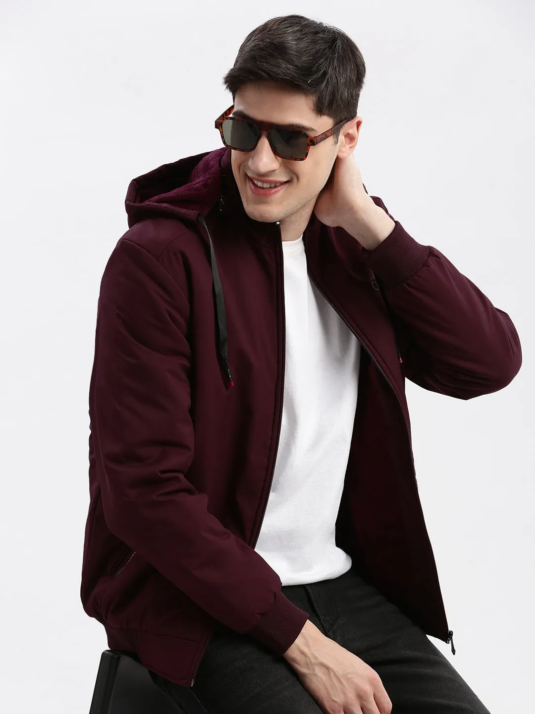 Noise Reduciting Fabric Men's Maroon Rapid-Dry Windcheater Hooded Bomber Jacket
