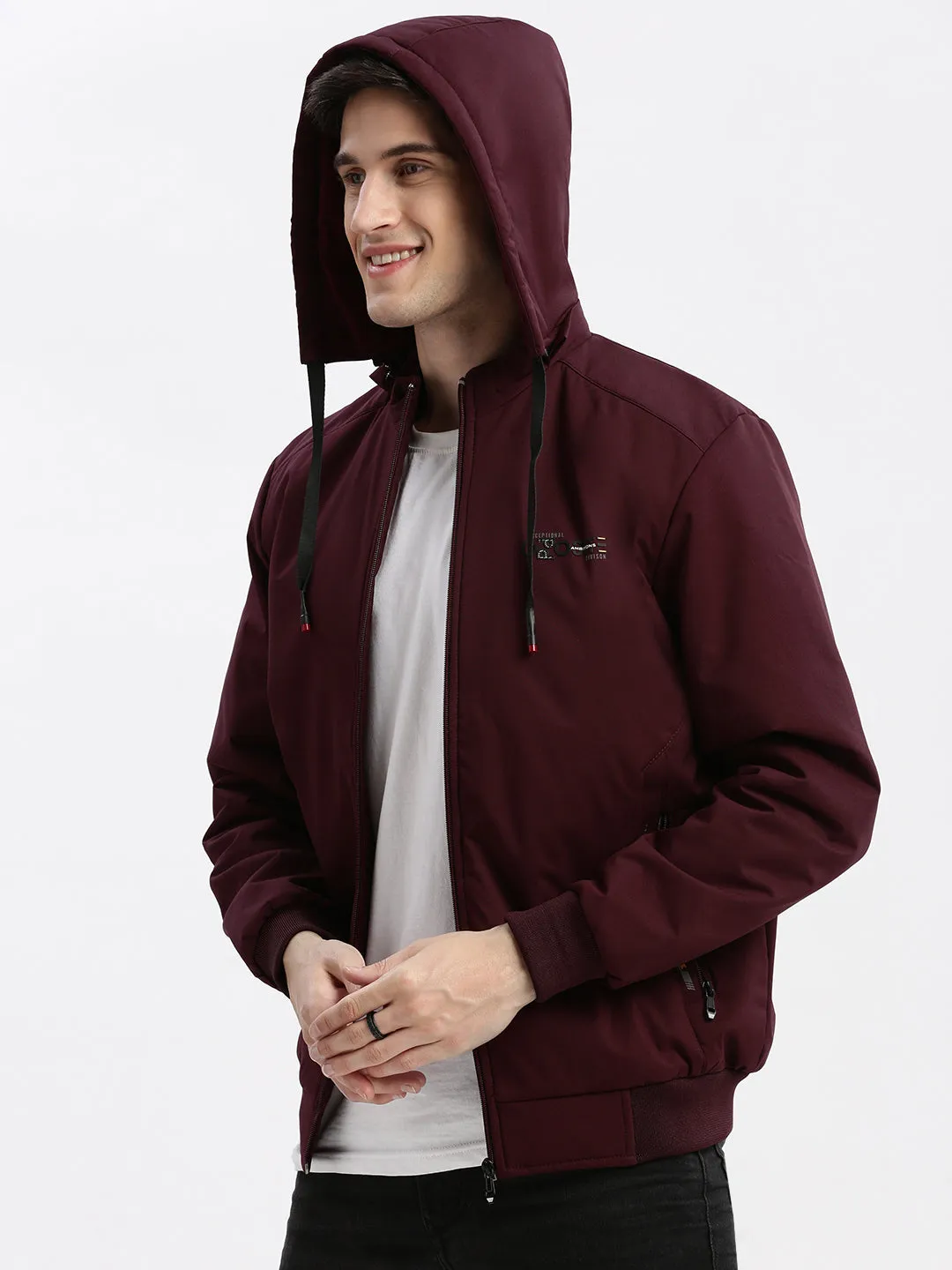 Moisture Wicking Fabric Men's Maroon Rapid-Dry Windcheater Hooded Bomber Jacket