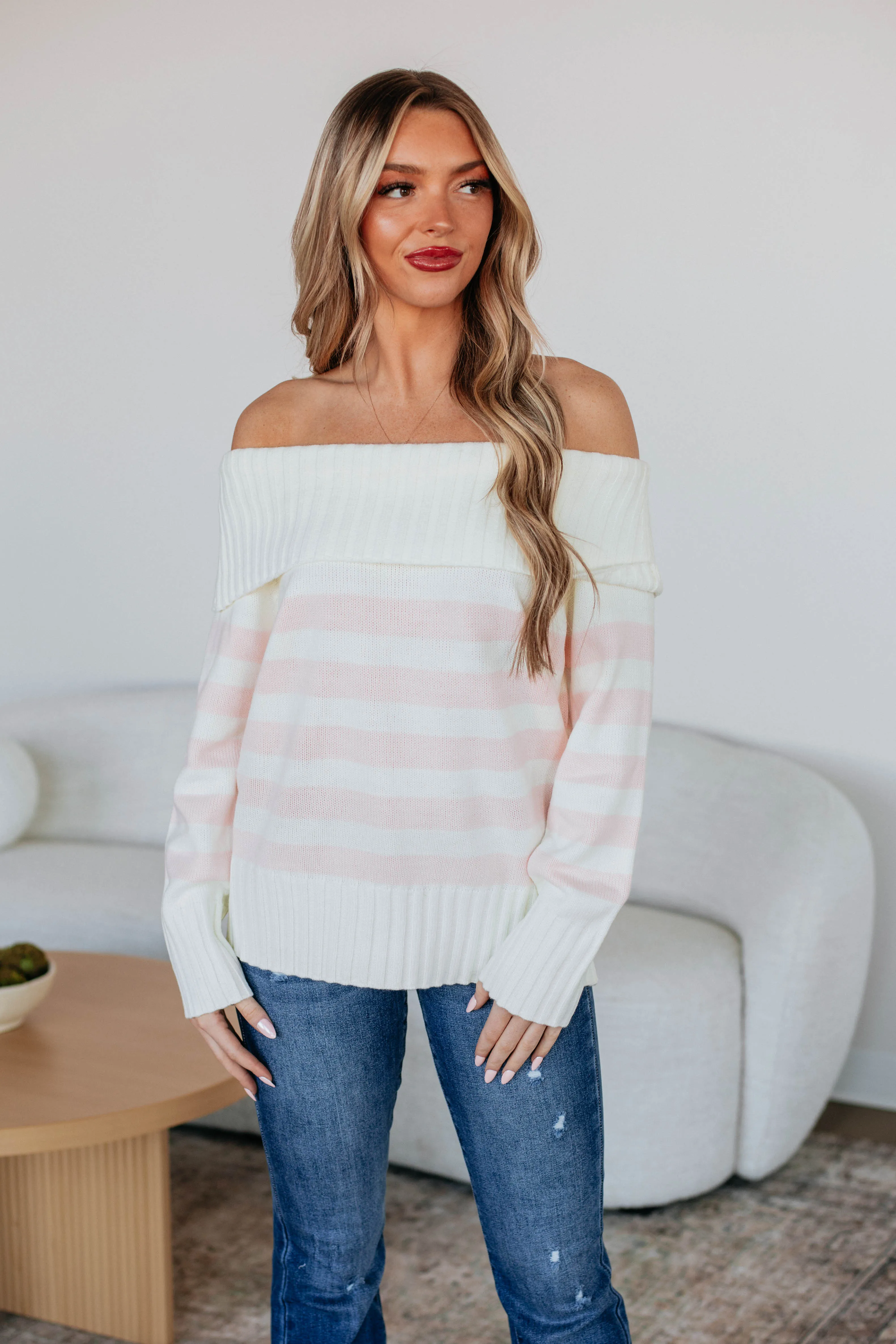 Chantelle Off The Shoulder Sweater - Ivory Ventilated Panels Brushed Interior