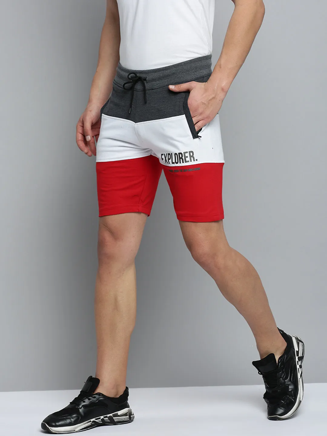 Laser Cut Edges Men's Grey Regular Fit Colour blocked Shorts