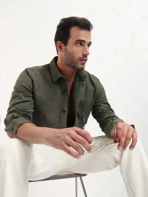 Men's Green Relaxed Fit Shacket QuickDryTechnology UV Protective Fabric