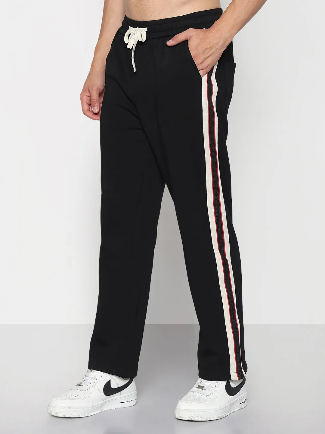 Sporty Fit Design high waisted Men's Black Athleisure Straight Fit Trouser