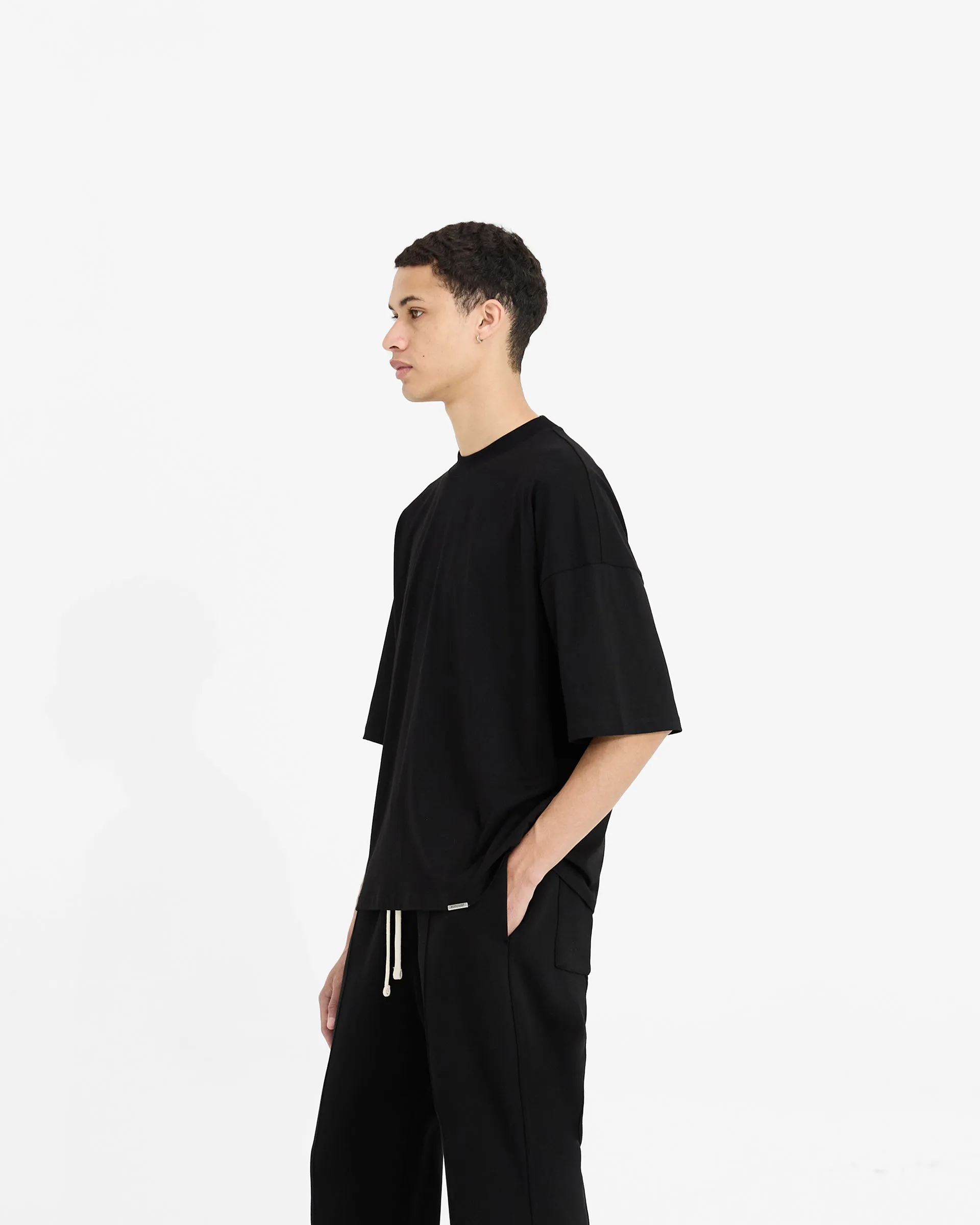 Initial Boxy T-Shirt - Black Layered Shoulder Design Reinforced Shoulder Seams