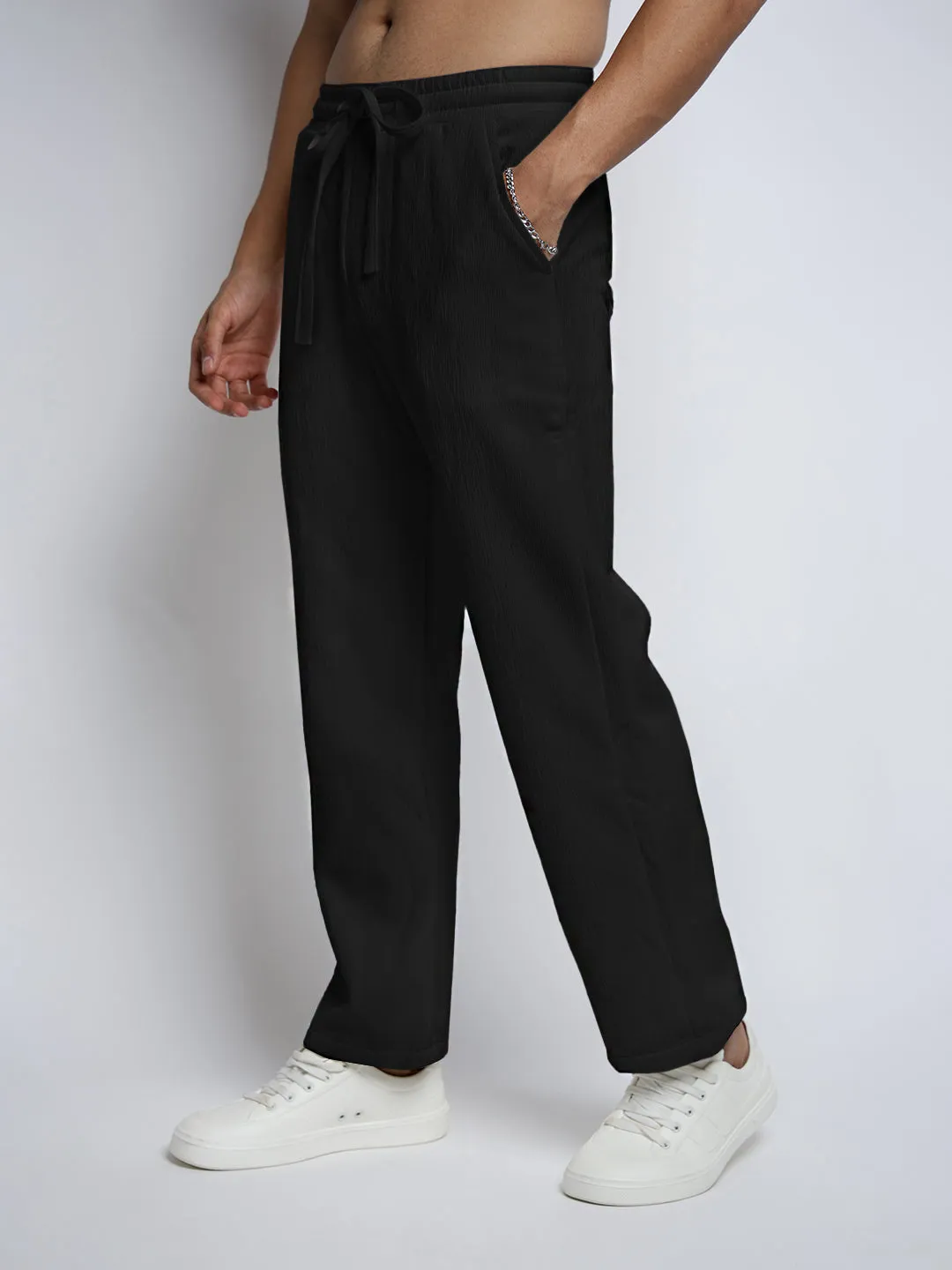 Men's Black Straight Fit Trousers elastic waistband Breathable Comfort