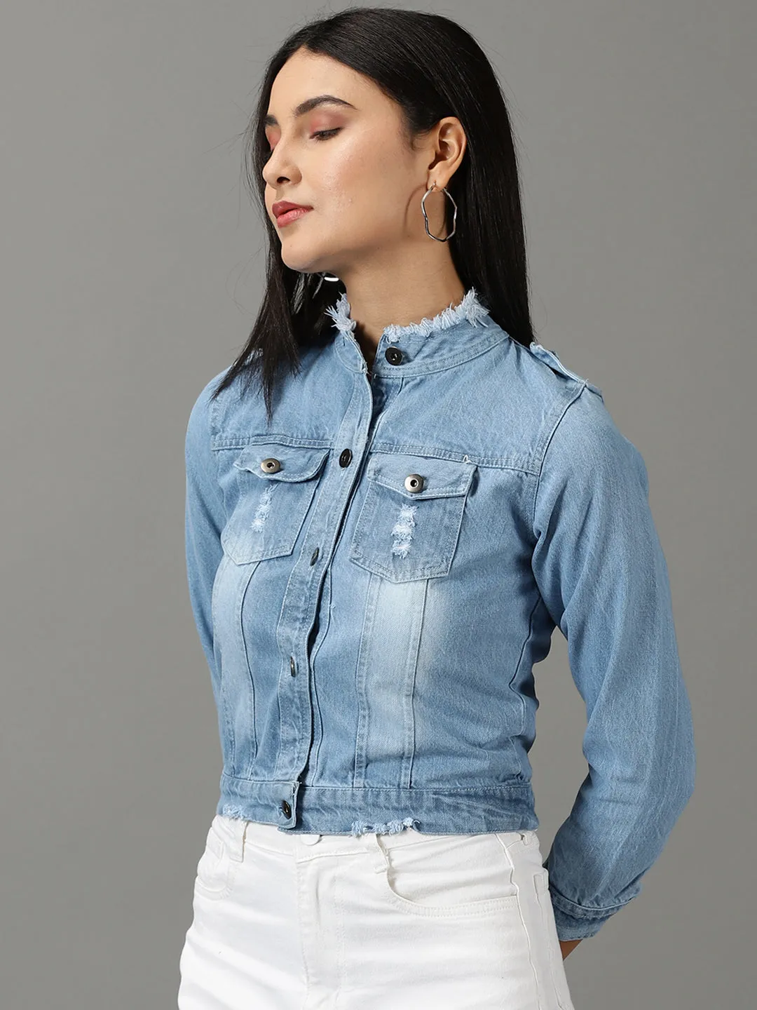 Women's Blue Washed Distressed Mock Collar Shoulder Tabs Frayed Denim Jacket Flexible Layer System RubberizedTrim