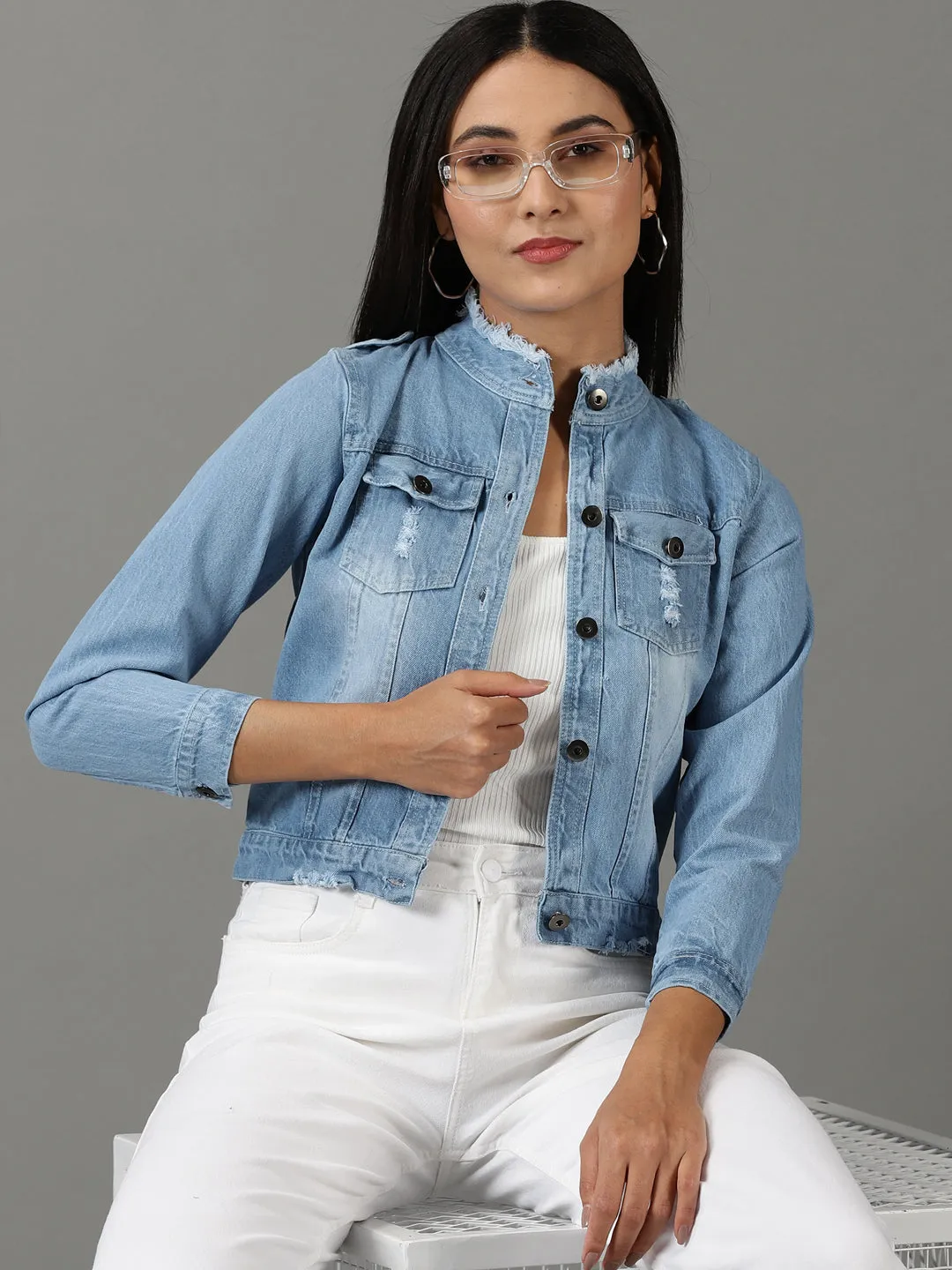 Tear Resistant Knit Women's Blue Washed Distressed Mock Collar Shoulder Tabs Frayed Denim Jacket