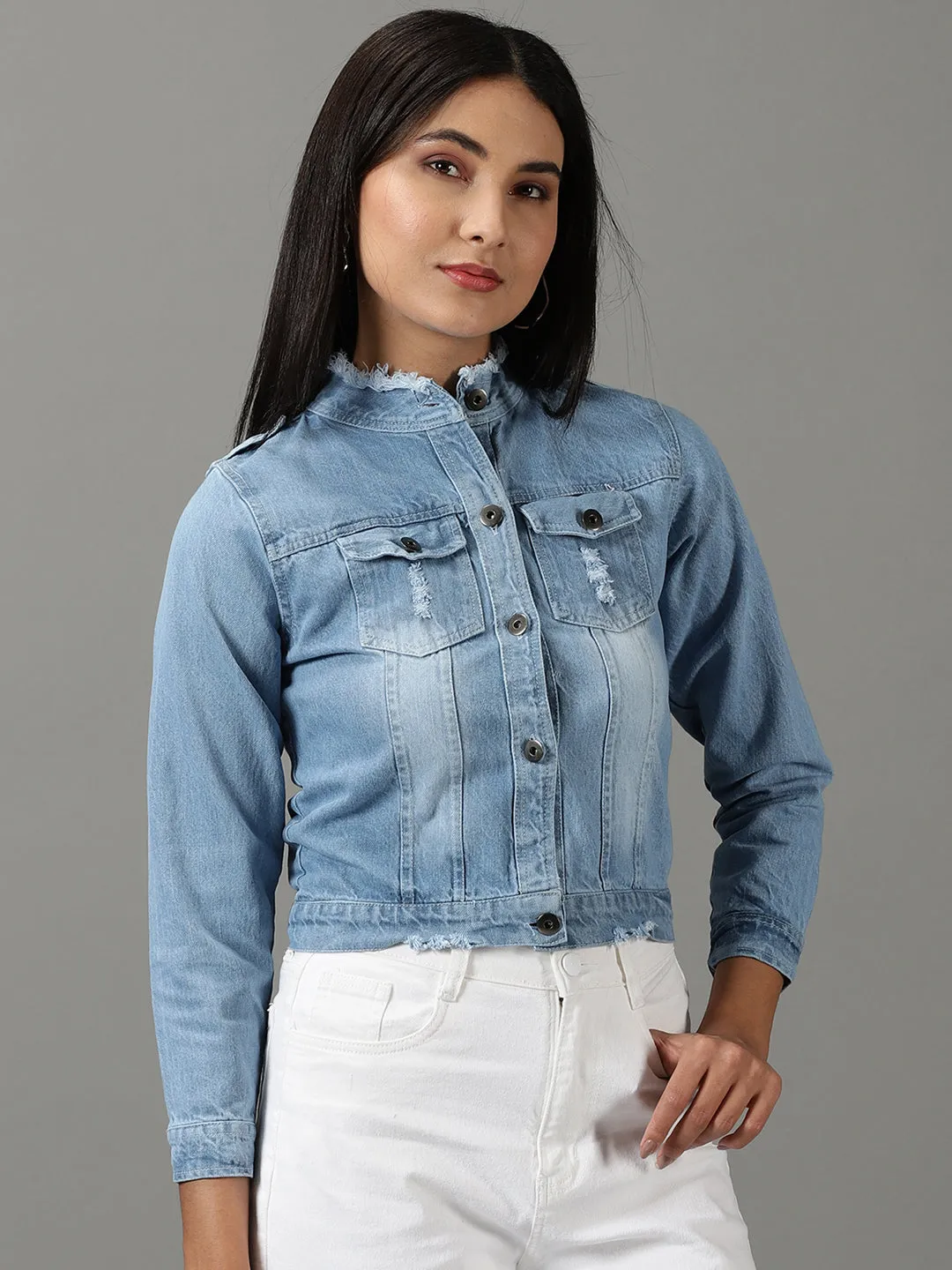 Women's Blue Washed Distressed Mock Collar Shoulder Tabs Frayed Denim Jacket Fringe Detail