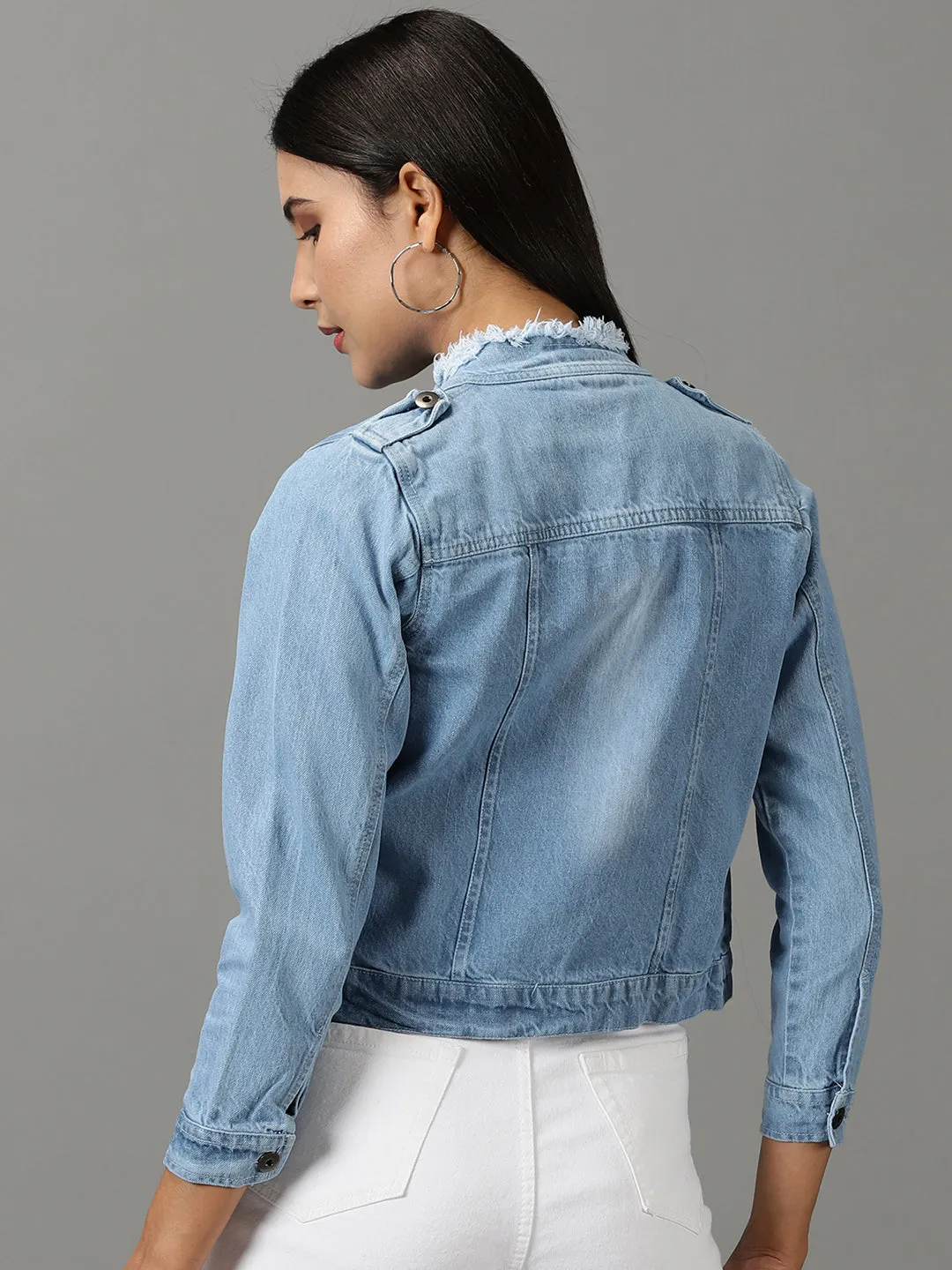 Women's Blue Washed Distressed Mock Collar Shoulder Tabs Frayed Denim Jacket Airflow Optimization Warmth Without Bulk