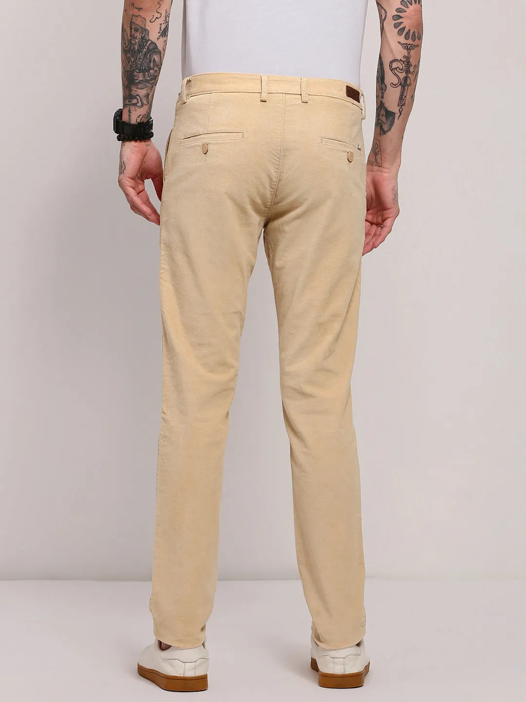 Soft Fabric Office Friendly Men's Beige Solid Regular Trousers