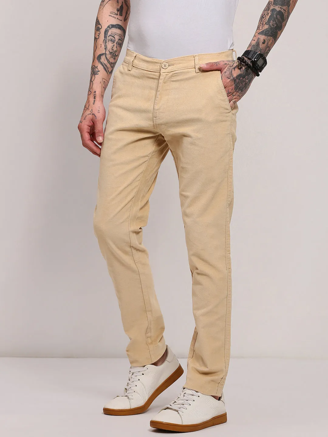 Tough Stretch Men's Beige Solid Regular Trousers