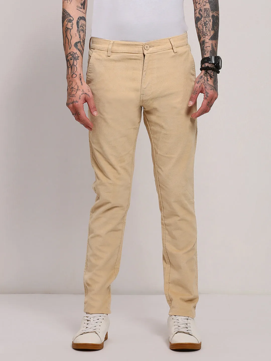 Versatile Wearable Breathable Comfort Design Men's Beige Solid Regular Trousers