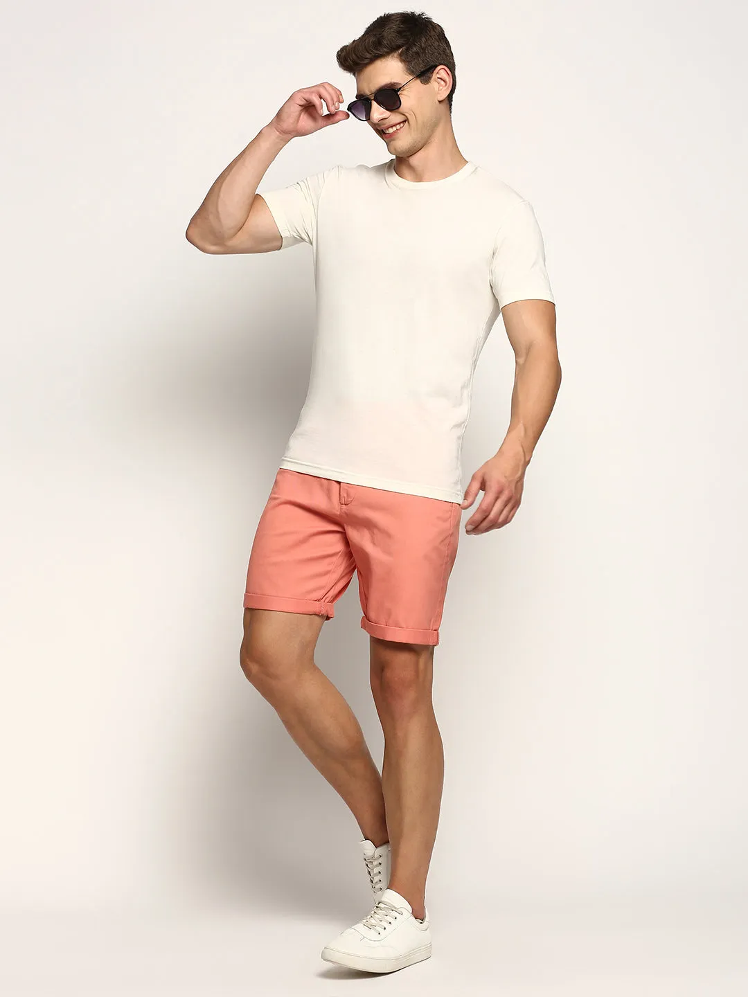 Men's Peach Mid-Raise Cotton Chino Shorts Comfortable Wear