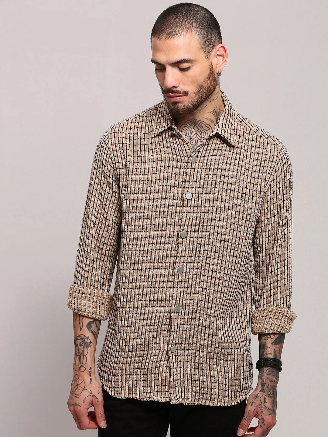 Perfectly Fit Men's Beige Checked Shacket
