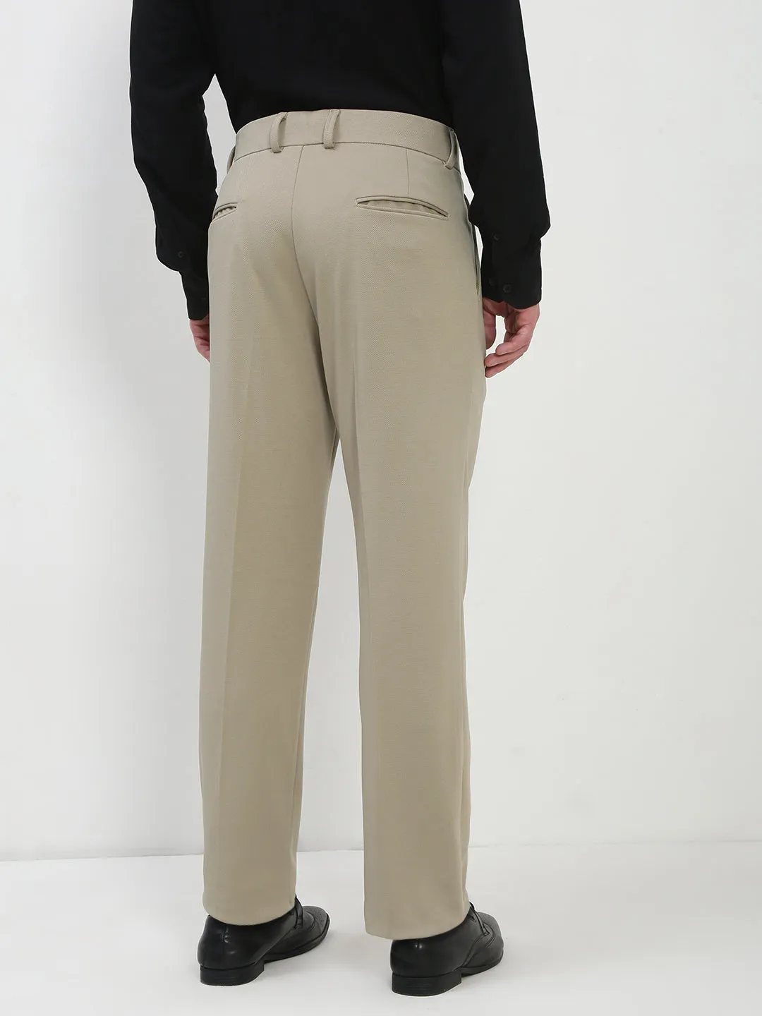 Men's Beige Solid Formal Trousers Sustainable Material Blend