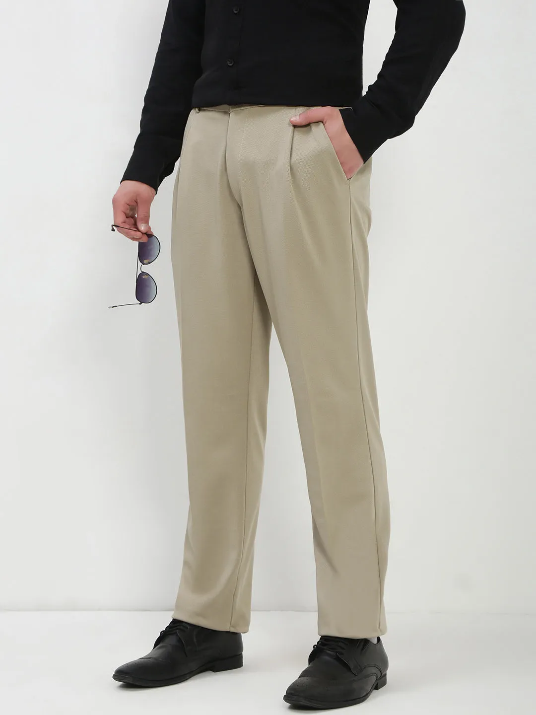 Men's Beige Solid Formal Trousers Comfy Material Side zipper