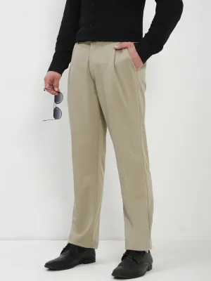 Men's Beige Solid Formal Trousers Comfy Material Side zipper
