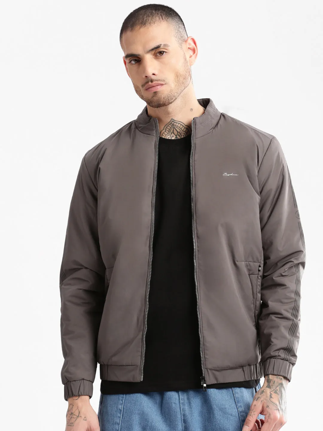 Men's Mock Collar Grey Solid Casual Bomber Jacket Rugged Daily Style