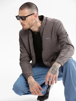 Men's Mock Collar Grey Solid Casual Bomber Jacket WindResistant Coating