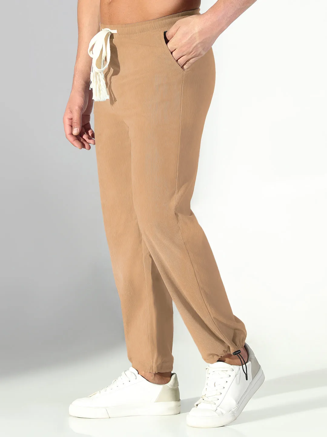 WrinkleResistantMaterial Men's Corduroy Beige Straight Fit Trousers