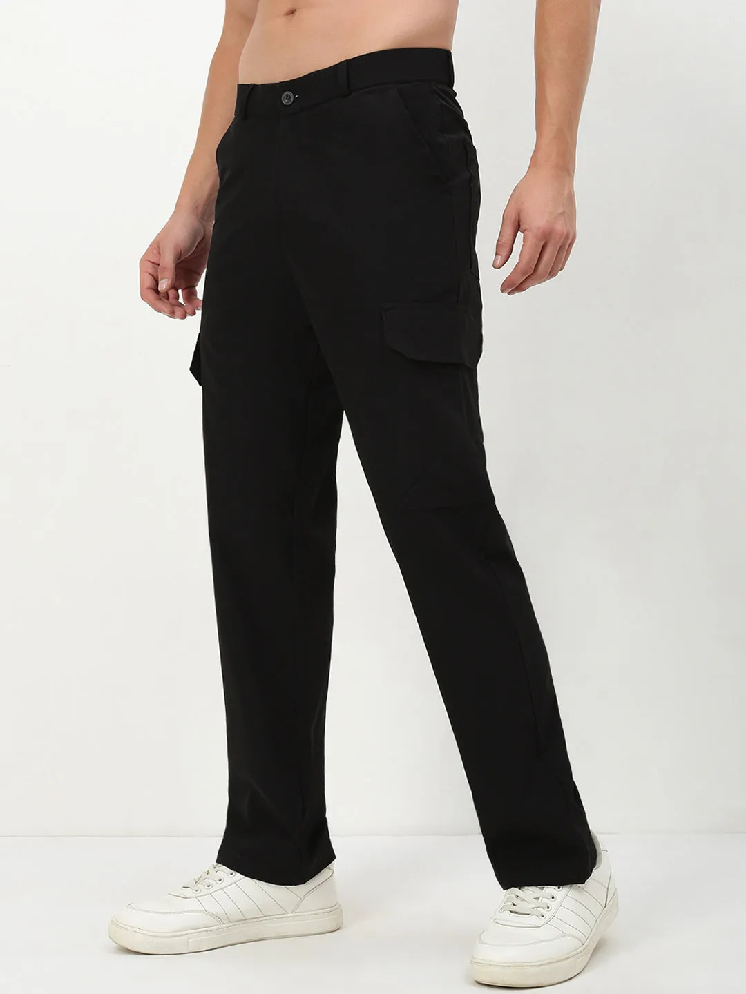 Men's Black Solid Straight Fit Cargos Slim Stretch Fit Casual Design