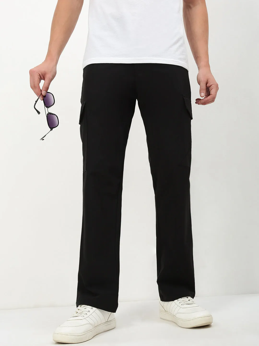 Compression Support Lining AntiPilling Men's Black Solid Straight Fit Cargos