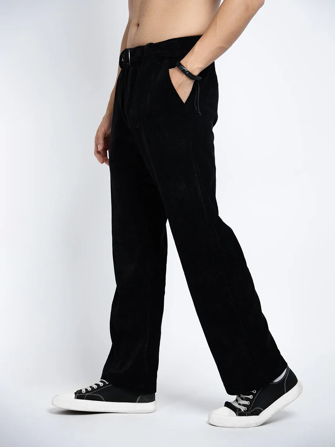 Men's Corduroy Black Straight Fit Trousers with Fabric Belt Abrasion Resistant Fabric