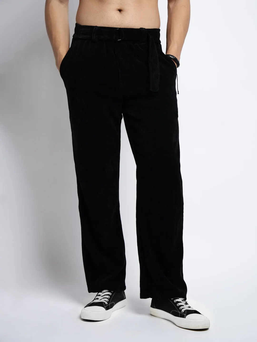 Men's Corduroy Black Straight Fit Trousers with Fabric Belt Sleek Appearance