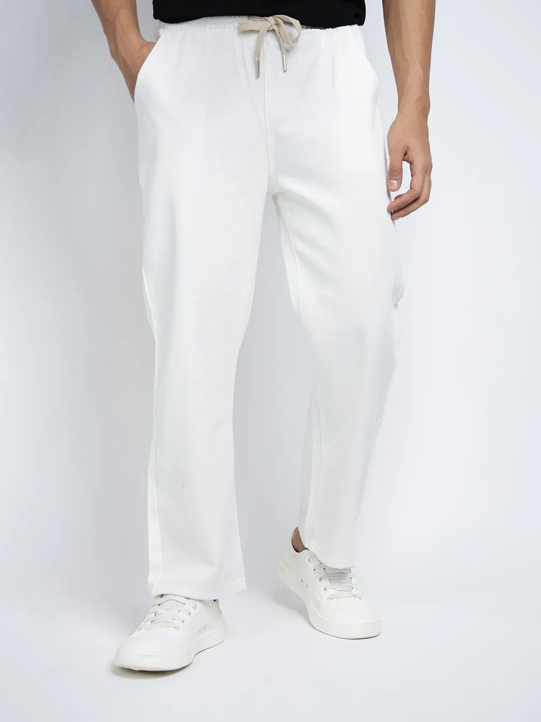 Non Binding Waist Men's White Relaxed Fit Trousers