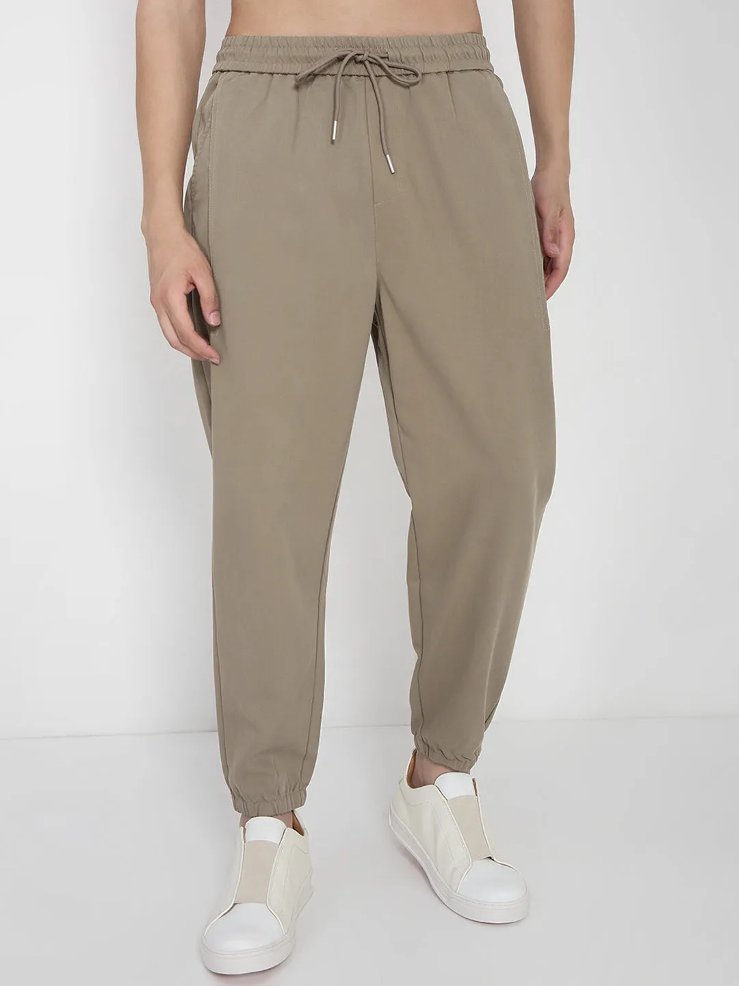 Stain Release Finish Men's Cotton Beige Relaxed Fit Joggers