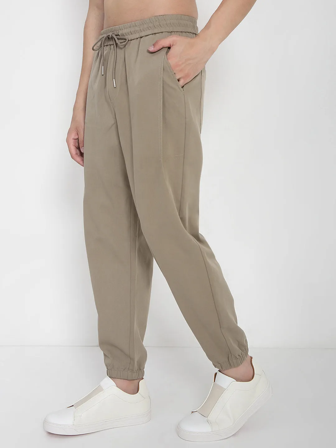 Utility Fit Side zipper Men's Cotton Beige Relaxed Fit Joggers