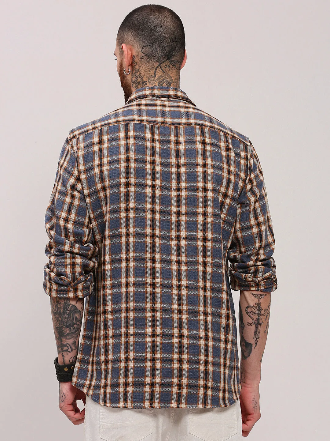 Men's Grey Spread Collar Tartan Checked Shacket Fit For Comfort