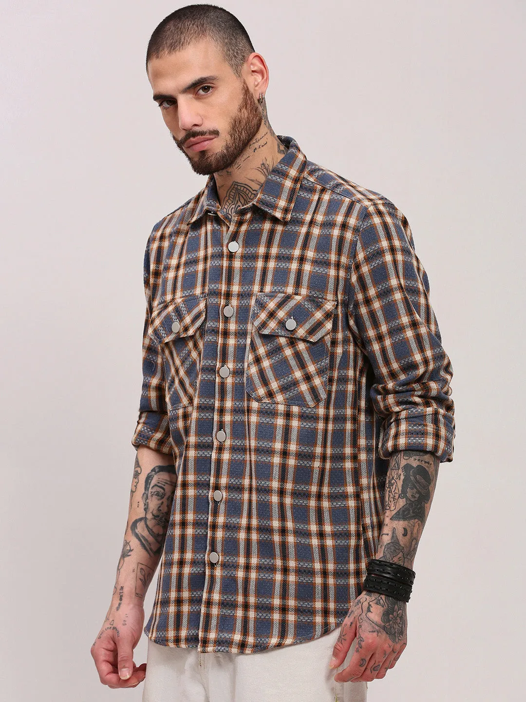 Men's Grey Spread Collar Tartan Checked Shacket Flexible Shoulder Seams