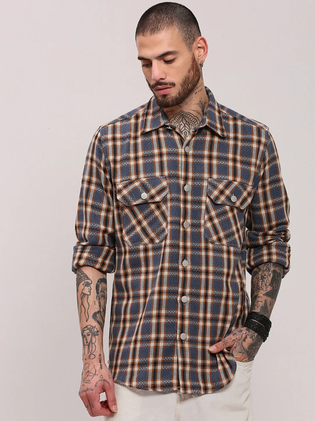 Effortless Wear Fit Essential Piece Men's Grey Spread Collar Tartan Checked Shacket