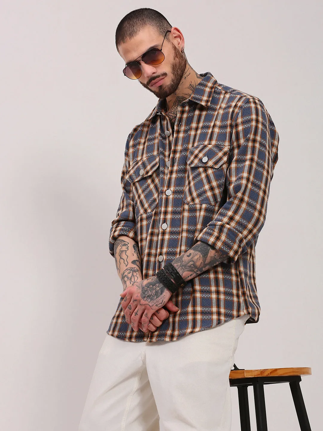 Short sleeved breeziness Men's Grey Spread Collar Tartan Checked Shacket