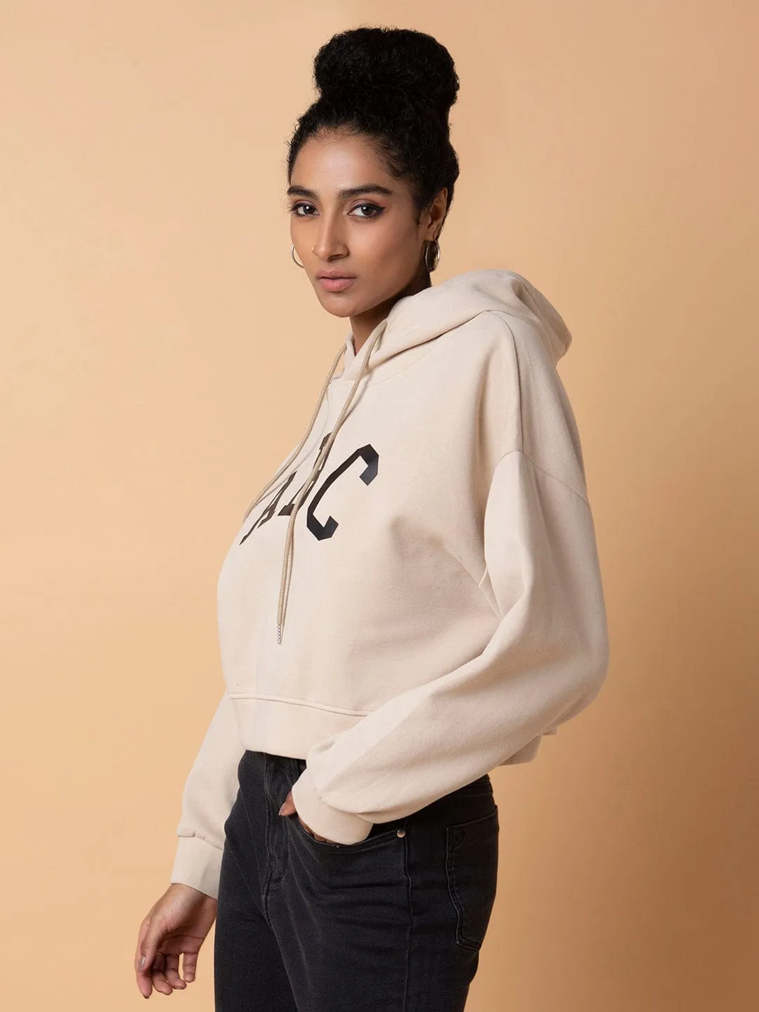 Women's Beige Typography Printed Hoodie Blend