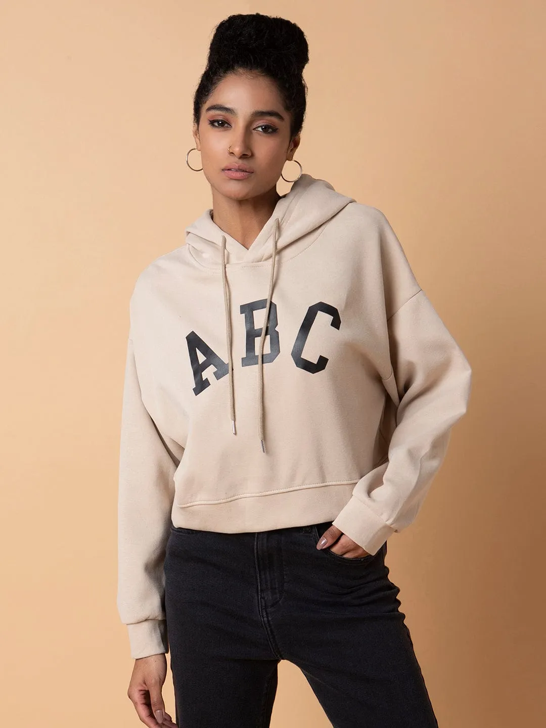 right for running Women's Beige Typography Printed Hoodie