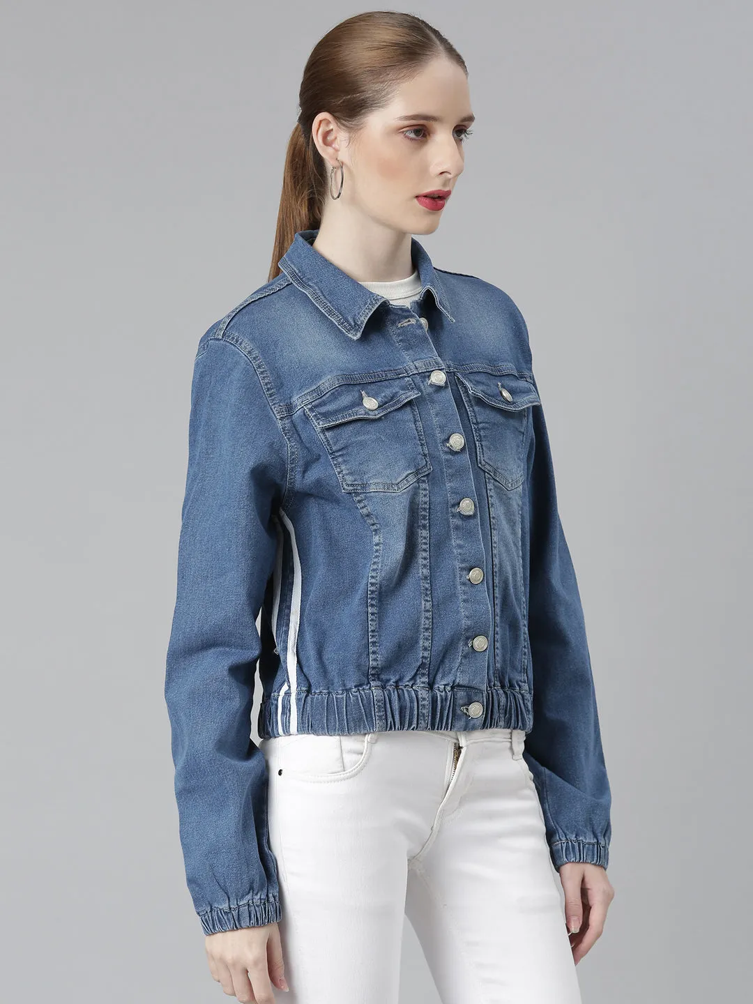 Women's Blue Spread Collar Crop Denim Jacket Multi Layer Option