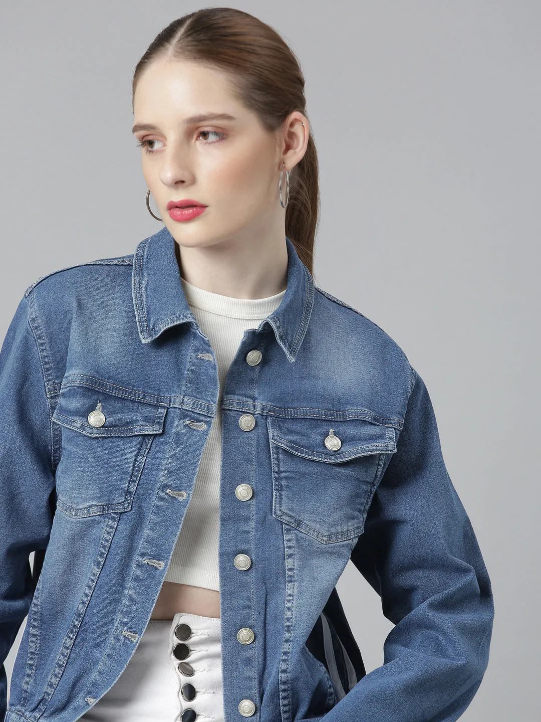 Women's Blue Spread Collar Crop Denim Jacket Street Explorer Fit Eco Friendly Recycled Material