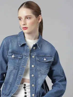 Women's Blue Spread Collar Crop Denim Jacket Street Explorer Fit Eco Friendly Recycled Material
