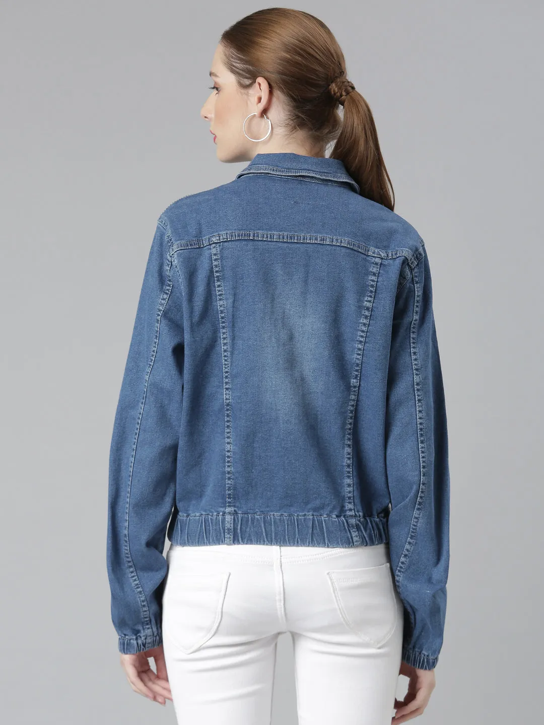 Versatile Daily Layer Non Restrictive Fit Women's Blue Spread Collar Crop Denim Jacket
