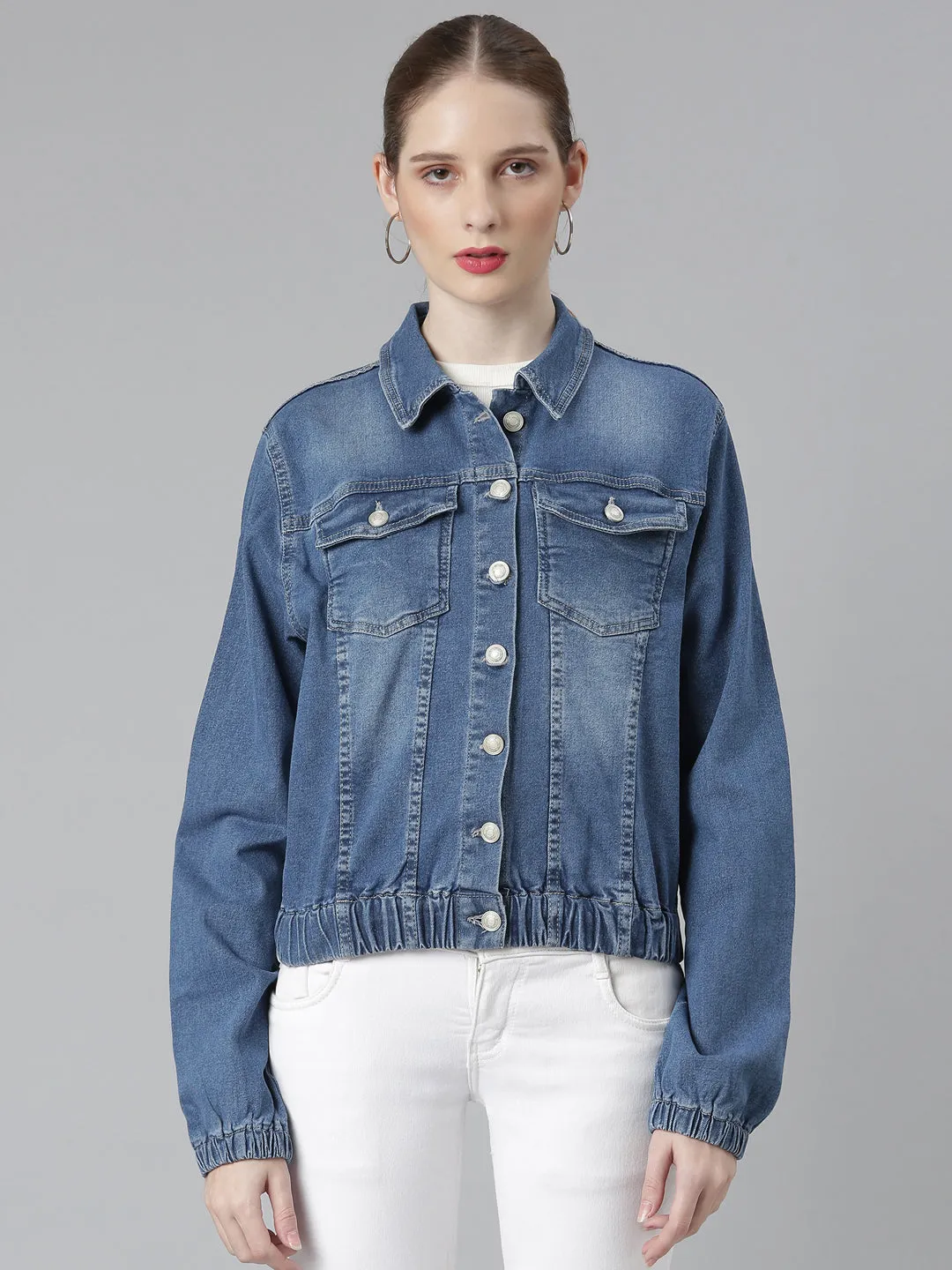 Women's Blue Spread Collar Crop Denim Jacket Light Day Jacket Quick drying material