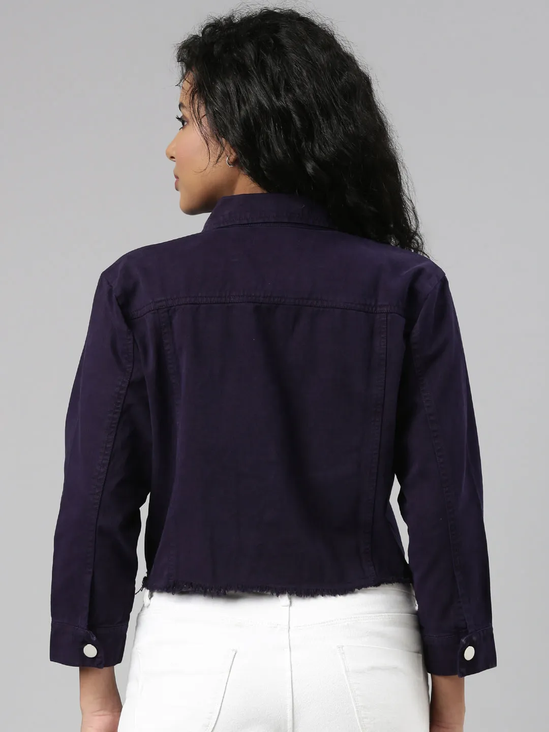 Women's Violet Spread Collar Crop Denim Jacket Touchscreen Compatible Cuffs Light Diffusing Fabric