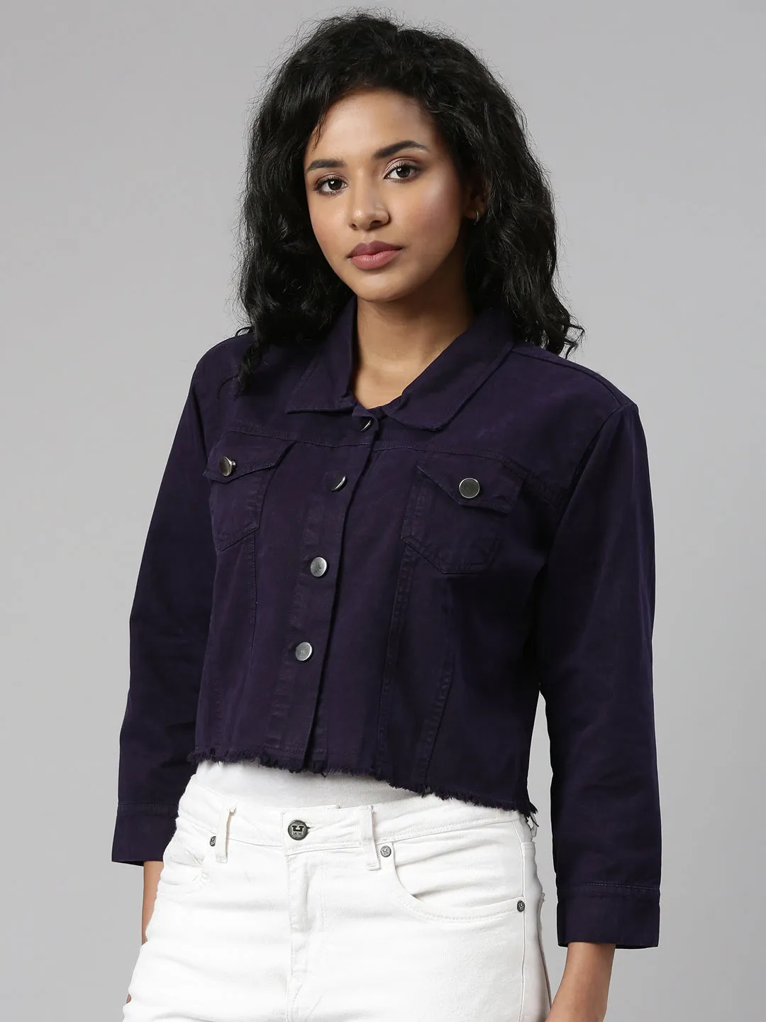 Morning Commute Gear Women's Violet Spread Collar Crop Denim Jacket