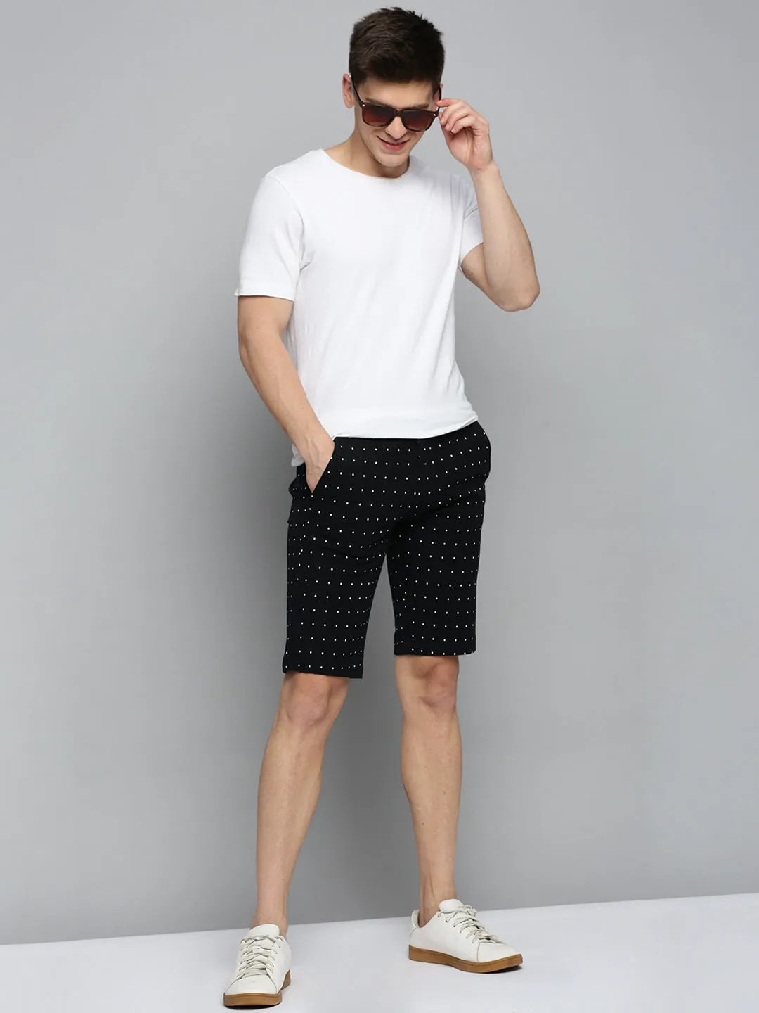 Men's Black Geometric Printed Mid Rise Cotton Cambric Chino Shorts Biodegradable Material Option