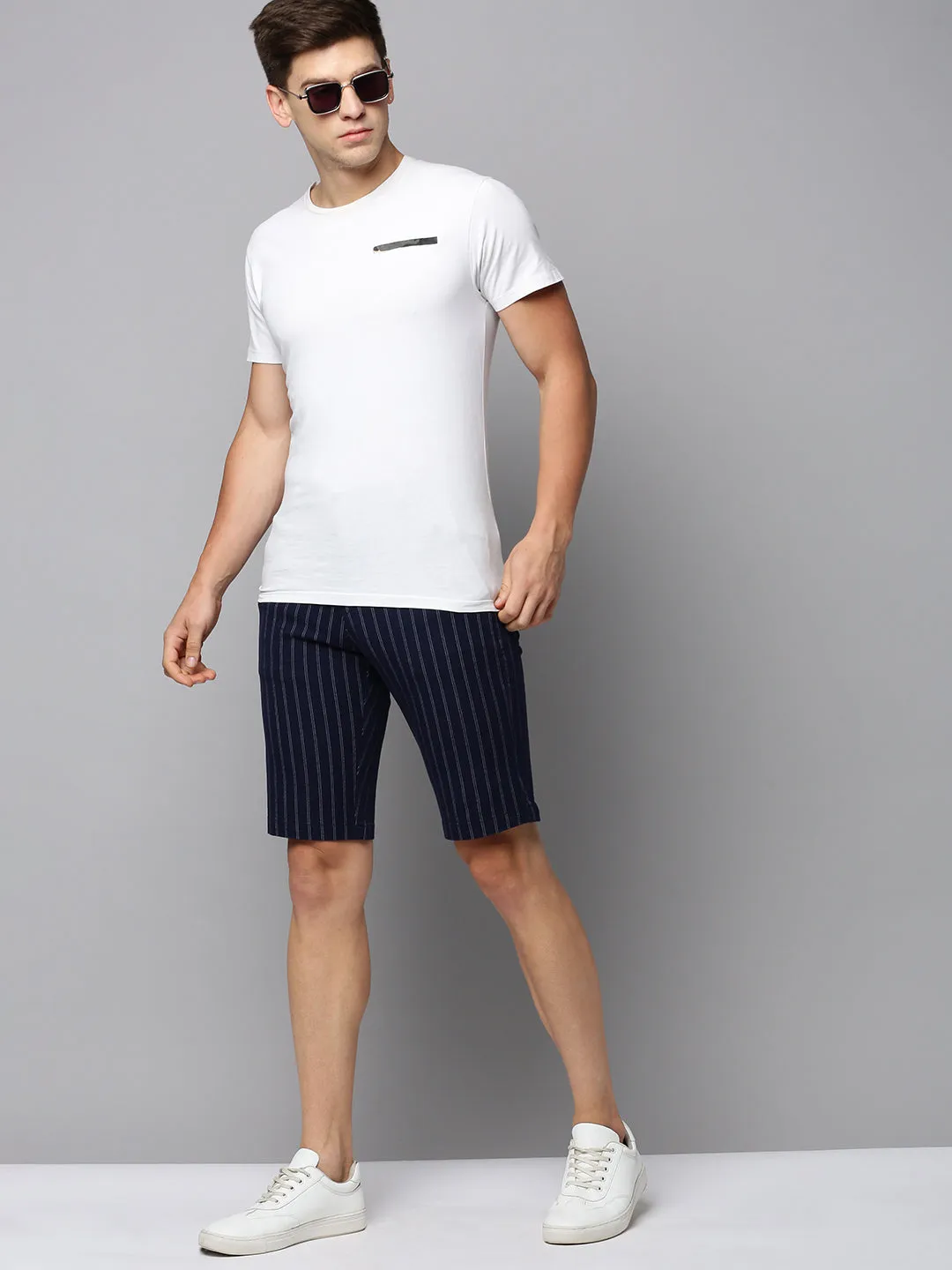 Men's Navy Blue Striped Cotton Shorts Mood Wear Heels