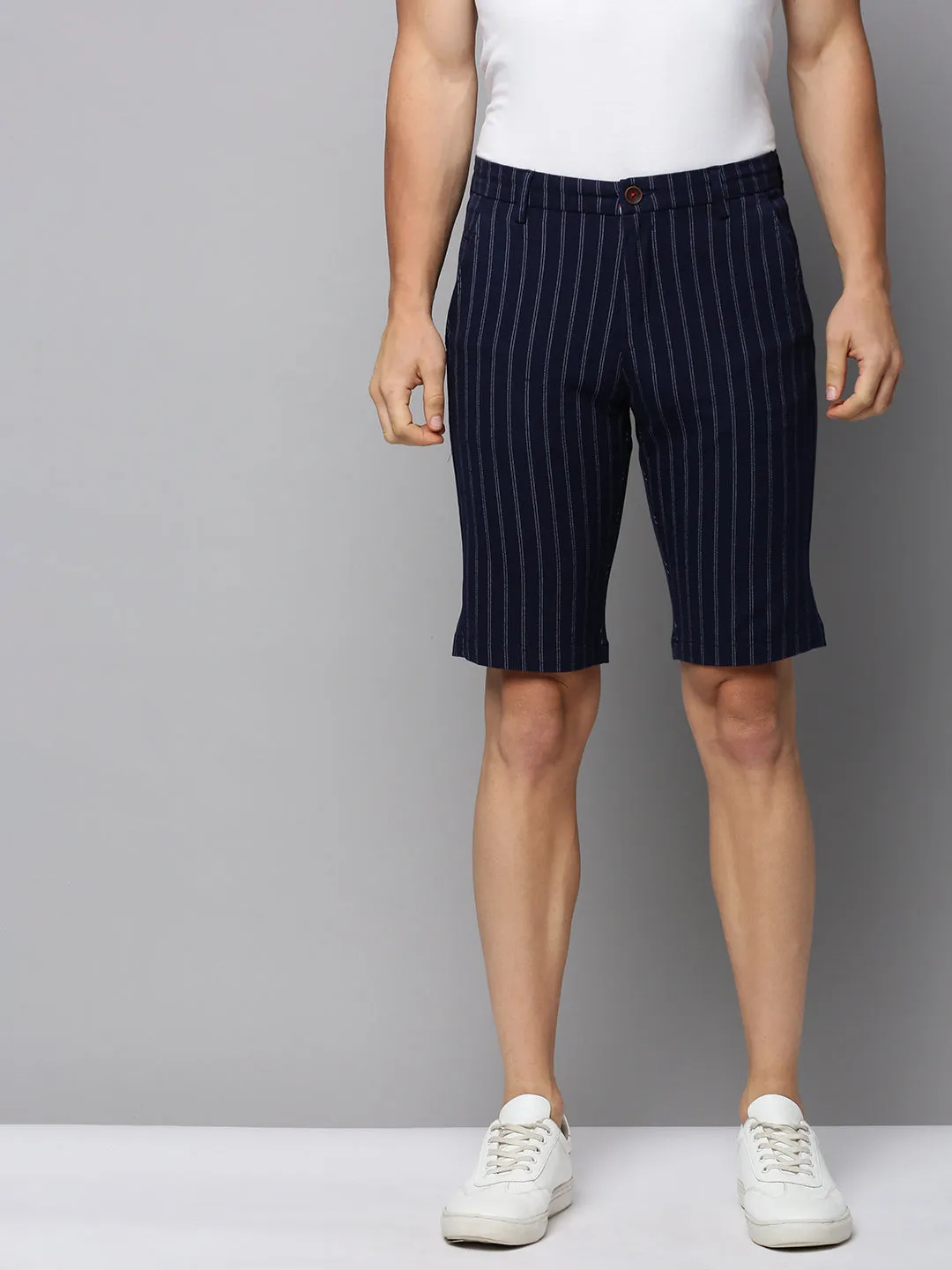 Men's Navy Blue Striped Cotton Shorts dance clothing Non Restrictive Movement