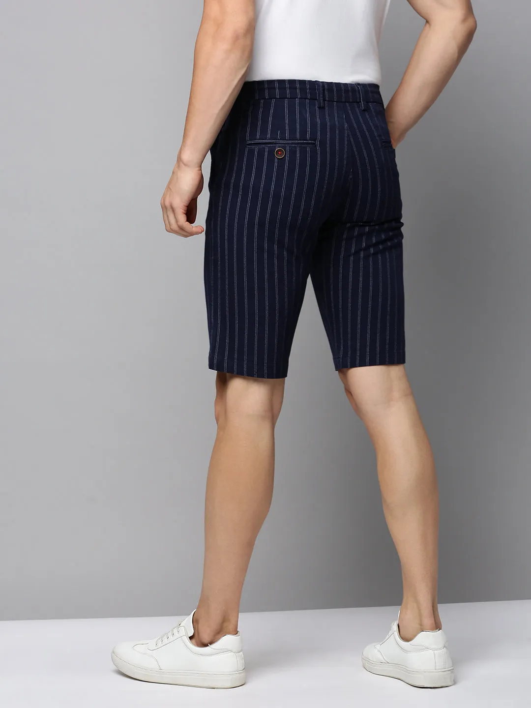 Men's Navy Blue Striped Cotton Shorts All Day Movement Fit Effortless Comfort