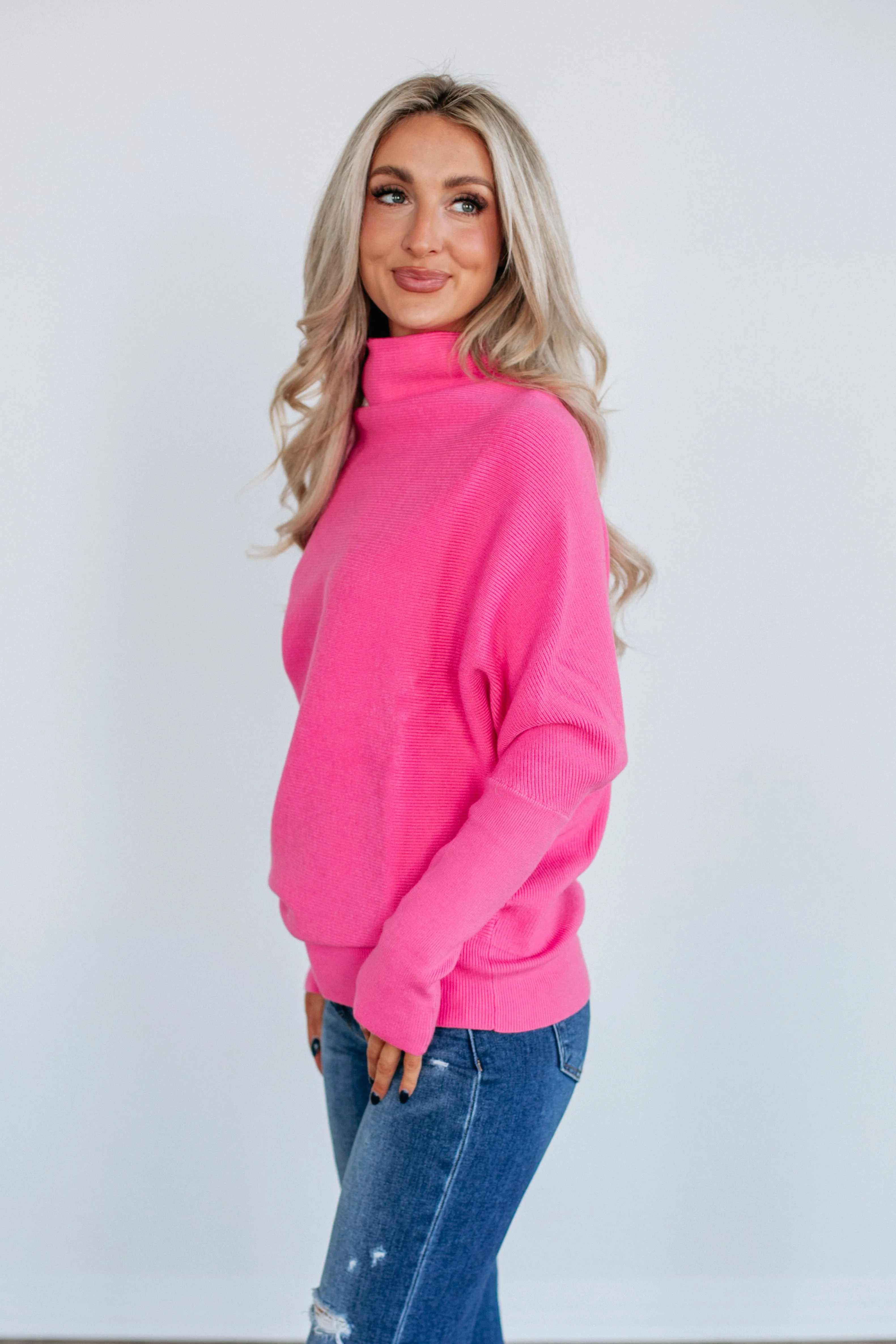 Gretchen Dolman Sweater - Hot Pink Layer Trend Interlock Weave