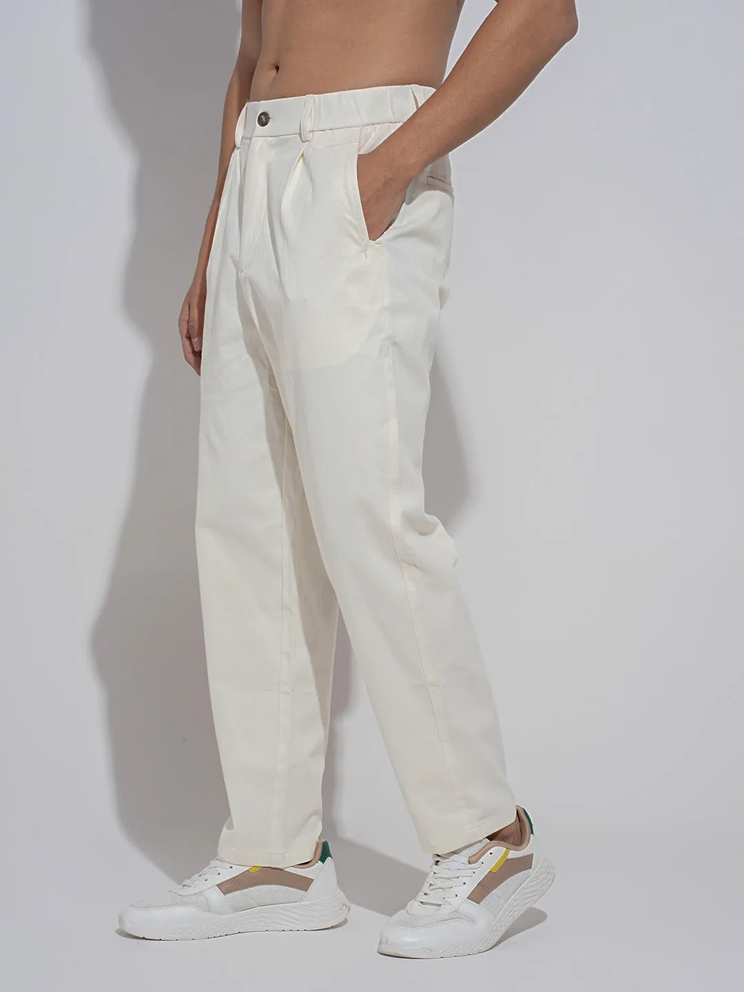 Men's Cream Straight Fit Trousers Comfortable Stretch